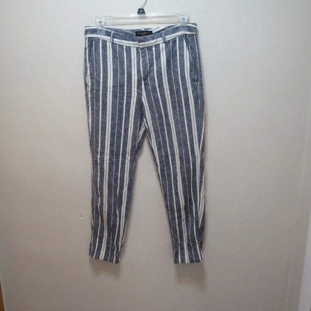 Banana Republic Womens Blue White Striped Linen Blend Tapered Pants Size 4